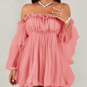Off Shoulder Frill Trim Sheer Mesh Swing Dress, women Casual Dresses, ChicMe catalog
