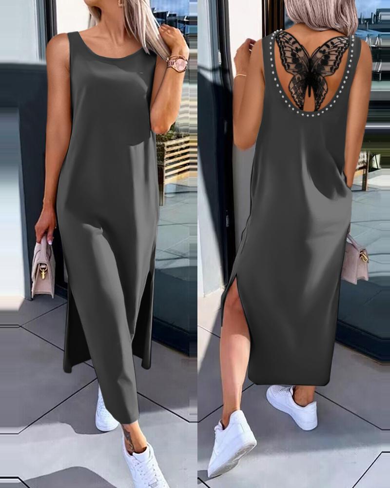 Back Butterfly Pattern Hollow-out Slit Midi Dress Casual Loose Fit Dress, women Casual Dresses, ChicMe catalog