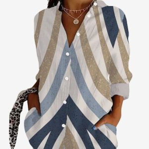 Women's Long Sleeve Shirt Spring/Fall Geometric Shirt Collar Daily Going Out Casual Top, JustFashionNow Shirts, color:Apricot|size:XXL,