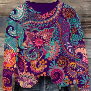 Women's Crew Neck Ethnic Casual Spring/Fall Cotton Long Sleeve Sweatshirt, JustFashionNow Sweatshirts & Hoodies, color:Purple|size:5XL,