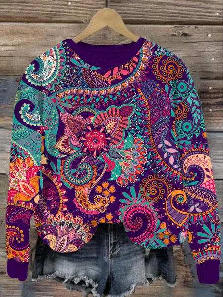 Women's Crew Neck Ethnic Casual Spring/Fall Cotton Long Sleeve Sweatshirt, JustFashionNow Sweatshirts & Hoodies, color:Purple|size:5XL,