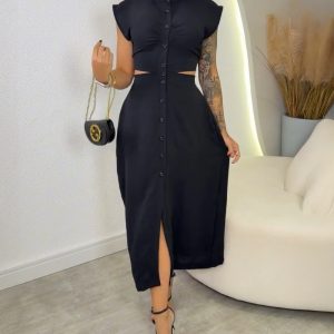 Solid Color Cutout Button Down Elastic Waist Back Versatile Casual Dress Vocation Maxi Dress, women Maxi Dresses, ChicMe catalog