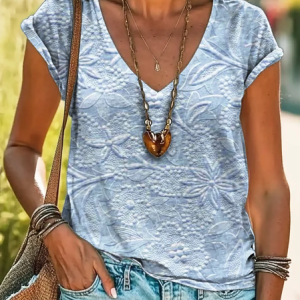 Women's Short Sleeve Tee T-shirt Summer Floral Printing V Neck Casual Graphic Tee Top, JustFashionNow T-Shirts, color:Blue|size:XXL,