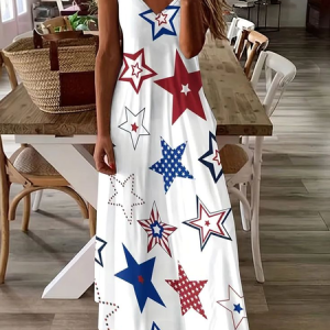 Women Star Sleeveless Summer Dress V Neck Daily Casual Maxi Slip Dress X-Line Dress, JustFashionNow Casual Dresses, color:White|size:5XL,