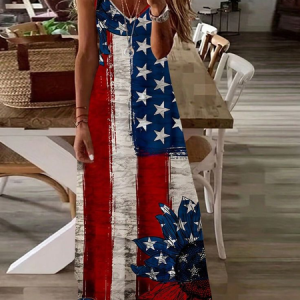 Women Independence Day (Flag) Sleeveless Summer Printing Dress V Neck Daily Casual Maxi Slip Dress X-Line Dress, JustFashionNow Casual Dresses, color:As Picture|size:5XL,