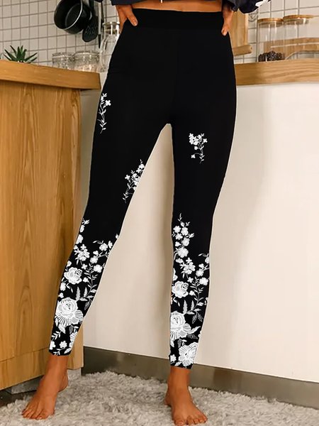 Women's Floral Casual All Season Long Leggings, JustFashionNow Leggings, color:Black|size:XXL,