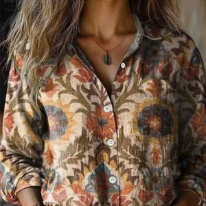 Women's Ethnic Geometry Long Sleeve Shirt Spring/Fall Shirt Collar Daily Casual Top, JustFashionNow Blouses, color:Khaki|size:XXL,