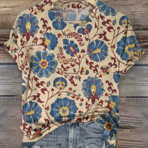 Casual Floral Crew Neck Short Sleeve T-shirt, T-shirts, color:Khaki|size:4XL, catalog Noracora shop