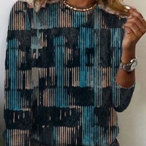 Women's Long Sleeve Tee T-shirt Spring/Fall Abstract Stripes Jersey Crew Neck Daily Going Out Casual Top, JustFashionNow T-Shirts, color:Blue|size:XXL,
