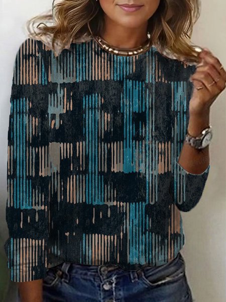 Women's Long Sleeve Tee T-shirt Spring/Fall Abstract Stripes Jersey Crew Neck Daily Going Out Casual Top, JustFashionNow T-Shirts, color:Blue|size:XXL,