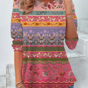 Women's Floral Spring Print Casual Crew Neck Tunic T-Shirt, Long sleeves, Lilicloth.com
