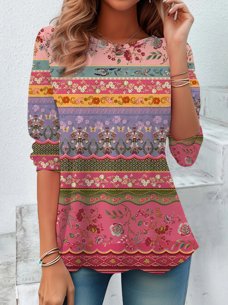 Women's Floral Spring Print Casual Crew Neck Tunic T-Shirt, Long sleeves, Lilicloth.com