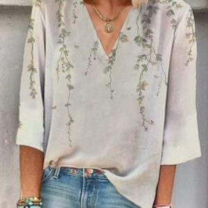 Women's Three Quarter Sleeve Blouse Spring/Fall Floral Printing V Neck Daily Going Out Casual Top, JustFashionNow T-Shirts, color:As Picture|size:XXL,