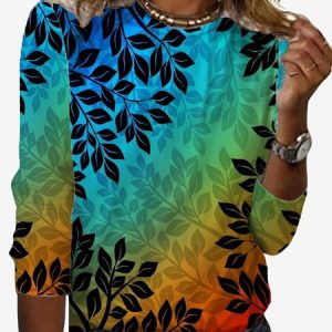 Women's Leaf Long Sleeve Floral Tee T-shirt Crew Neck Casual Spring/Fall Top, JustFashionNow T-Shirts, color:Green|size:XXL,