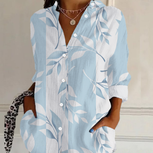 Women's Floral Long Sleeve Shirt Spring/Fall Buckle Shirt Collar Daily Casual Top, JustFashionNow Shirts, color:Blue-White|size:XXL,
