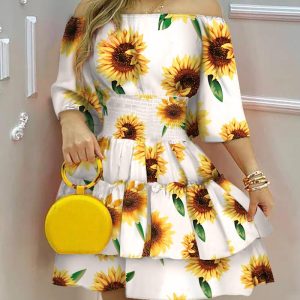 Sunflower Print Off Shoulder Frill Hem Dress, women Print Dresses, ChicMe catalog