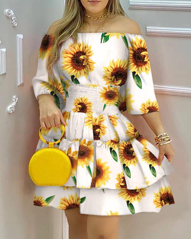 Sunflower Print Off Shoulder Frill Hem Dress, women Print Dresses, ChicMe catalog