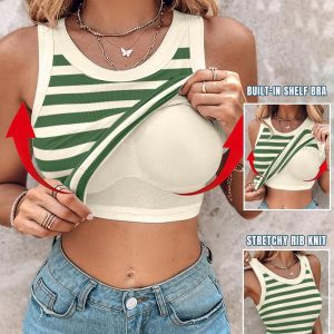 ChicMe Built-in Bra Striped Round Neck Bra Ribbed Tank Top, women Tanks & Crop Tops, ChicMe catalog
