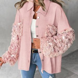 Feather & Sequin Spliced Turn-down Collar Long Sleeve Button Front Coat Casual Asymmetrical Hem Corduroy Shacket, women Jackets & Coats, ChicMe catalog