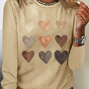 Casual Heart/Cordate Crew Neck Long Sleeve T-shirt, T-shirts, color:Apricot|size:XXL, catalog Noracora shop