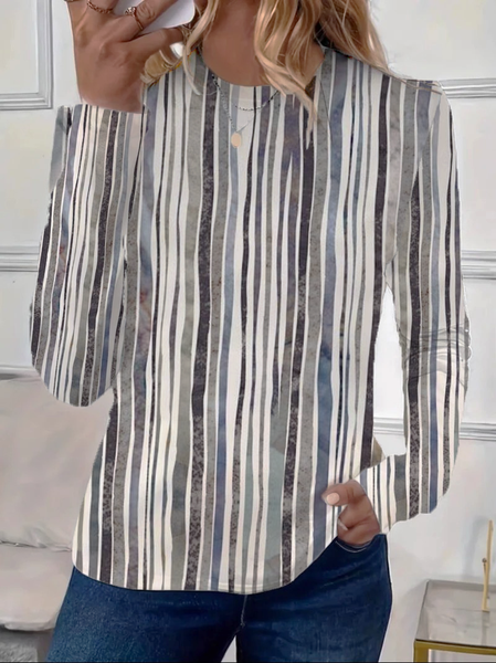 Women's Long Sleeve Tee T-shirt Spring/Fall Striped Printing Crew Neck Casual Graphic Tee Top, JustFashionNow T-Shirts, color:As Picture|size:3XL
