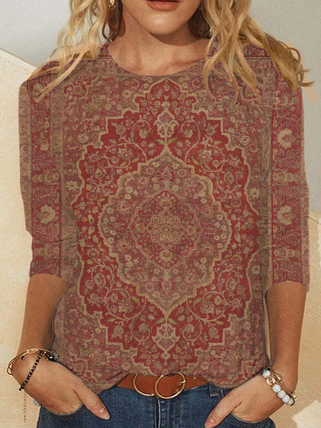 Women's Retro Ethnic Pattern Prints Casual Long Sleeve Shirt, T-shirts, Lilicloth.com