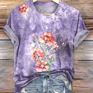 Casual Floral Crew Neck Short Sleeve T-shirt, T-shirts, color:lavender|size:4XL, catalog Noracora shop