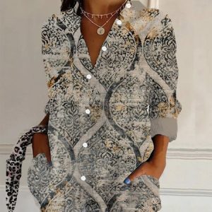 Women's Long Sleeve Shirt Spring/Fall Ethnic Shirt Collar Daily Going Out Casual Top, JustFashionNow Shirts, color:Khaki|size:XXL,