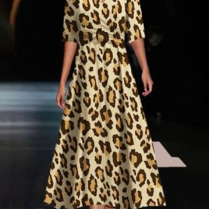 Women's Short Sleeve Summer Leopard Dress V Neck Daily Going Out Casual Maxi A-Line, JustFashionNow Dresses, color:Yellow|size:XXL,