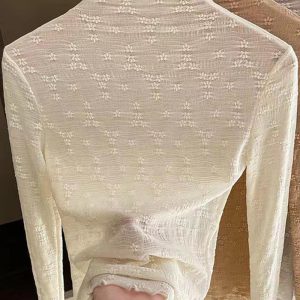 Lace Frill Hem Mock Neck Long Sleeve T-Shirt Sexy Floral Sheer Mesh Hollow Out Top, women T-shirt & Tees, ChicMe catalog