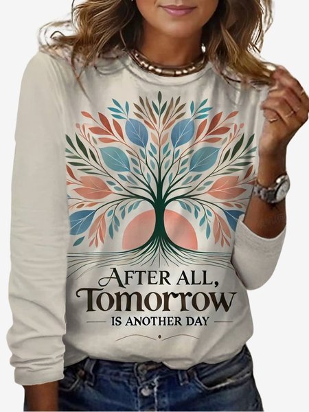 Women's Long Sleeve Life Tree Floral Tee T-shirt Spring/Fall Text Letters Jersey Crew Neck Holiday Going Out Casual Top, JustFashionNow T-Shirts, color:White|size:XXL,