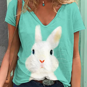 Women's Easter (rabbit) Short Sleeve Tee T-shirt V Neck Printing Casual Summer Graphic Tee Top, JustFashionNow T-Shirts, color:Green|size:XXL