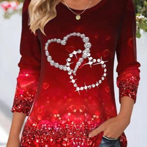 Women's Long Sleeve Tee T-shirt Spring/Fall Geometric Crew Neck Casual Top, JustFashionNow T-Shirts, color:Red|size:4XL,