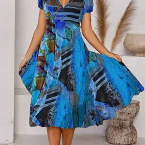 Women's vacation dress Tropical Print Casual Floral Vacation V Neck Midi Hawaiian Dress, JustFashionNow Casual Dresses, color:Blue|size:XS,