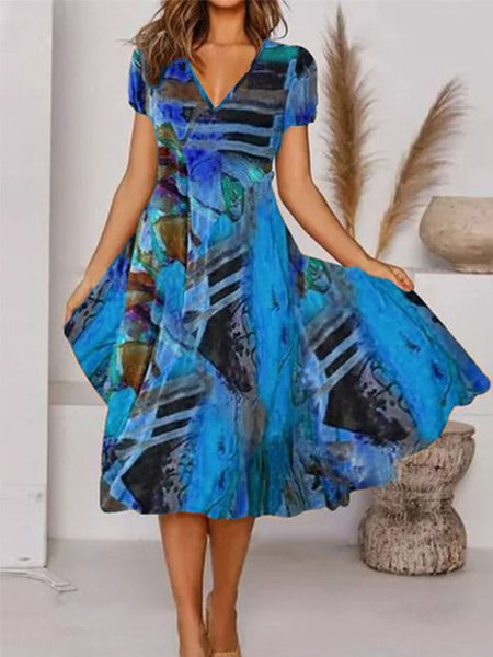 Women's vacation dress Tropical Print Casual Floral Vacation V Neck Midi Hawaiian Dress, JustFashionNow Casual Dresses, color:Blue|size:XS,