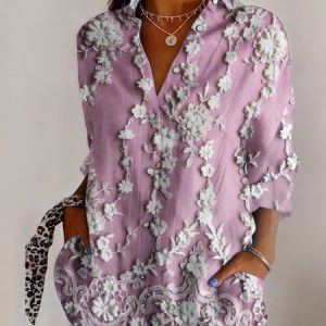Women's Long Sleeve Shirt Spring/Fall Geometric Shirt Collar Daily Going Out Casual Top, JustFashionNow Blouses, color:Light Purple|size:5XL,