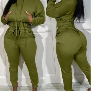2 Pieces Outfit Drop Shoulder Kangaroo Pocket Stretchy Hem Crop Drawstring Hoodie Sweatshirt and Drawstring Elastic Waist Jogger Sweatpants Casual Tracksuit, women Two-piece Sets, ChicMe catalog