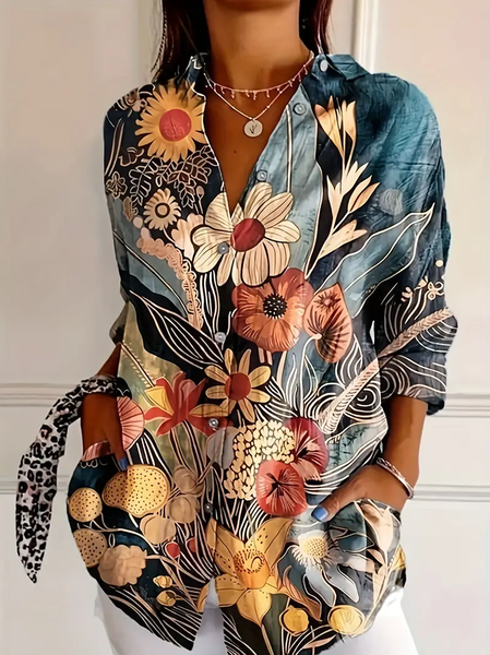 Women's Long Sleeve Shirt Spring/Fall As Picture Floral Buckle Shirt Collar Daily Going Out Casual Top, Blouses, Lilicloth.com - Image 4