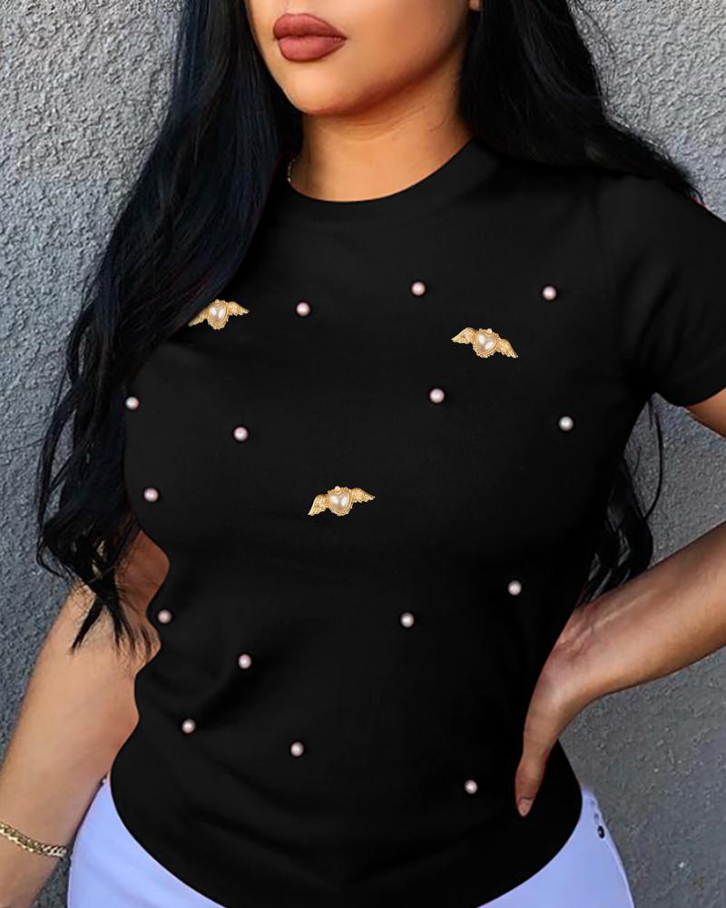 Beaded Round Neck Short Sleeve T-Shirt Casual loose Fit Top, women T-shirt & Tees, ChicMe catalog - Image 3