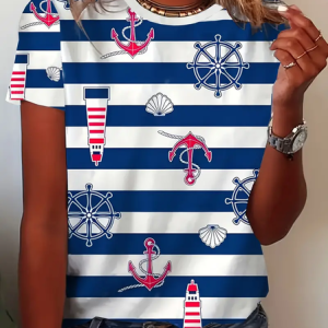 Women's Striped Short Sleeve Tee T-shirt Crew Neck Printing Casual Summer Graphic Tee Top, JustFashionNow T-Shirts, color:Blue|size:XXL