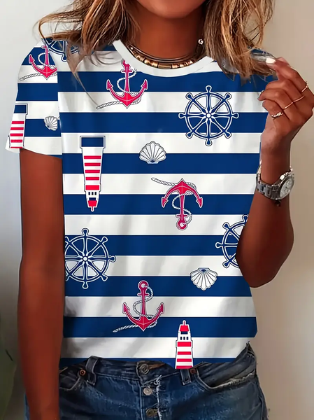 Women's Striped Short Sleeve Tee T-shirt Crew Neck Printing Casual Summer Graphic Tee Top, JustFashionNow T-Shirts, color:Blue|size:XXL