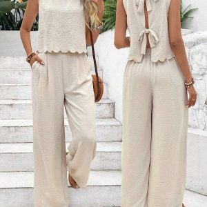 2 Pieces Outfit Sleeveless Tie Back Backless Scallop Hem Tank Top and Elastic Back Waist Wide Leg Pants Set Casual Textured Set, women Two-piece Sets, ChicMe catalog