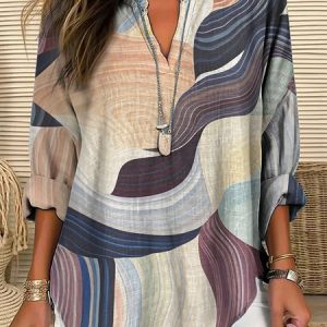 Women's Artistic Geometric Stripe Print V-Neck Shirt, Blouses, Lilicloth.com
