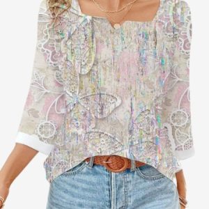 Women's Three Quarter Sleeve Blouse Spring/Fall Butterfly Notched Daily Going Out Casual Top, JustFashionNow Blouses, color:Apricot|size:XXL,