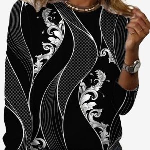 Women's Long Sleeve Tee T-shirt Spring/Fall Geometric Jersey Crew Neck Daily Going Out Casual Top, JustFashionNow T-Shirts, color:Black|size:XXL,