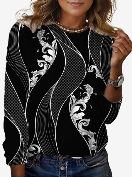 Women's Long Sleeve Tee T-shirt Spring/Fall Geometric Jersey Crew Neck Daily Going Out Casual Top, JustFashionNow T-Shirts, color:Black|size:XXL,