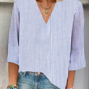 Women's Striped Three Quarter Sleeve Blouse Spring/Fall Printing V Neck Daily Casual Top, JustFashionNow Blouses, color:Blue|size:XXL,