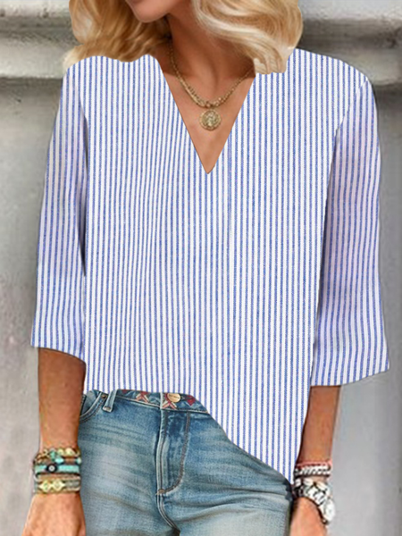 Women's Striped Three Quarter Sleeve Blouse Spring/Fall Printing V Neck Daily Casual Top, JustFashionNow Blouses, color:Blue|size:XXL,