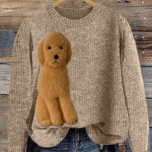 Comstylish Fuzzy Golden Doodle Dog Felt Cozy Knit Sweater, Sweaters, Lilicloth.com