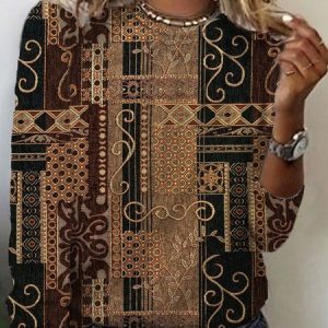 Women's Long Sleeve Tee T-shirt Spring/Fall Ethnic Jersey Crew Neck Daily Going Out Casual Top, JustFashionNow T-Shirts, color:Brown|size:XXL,